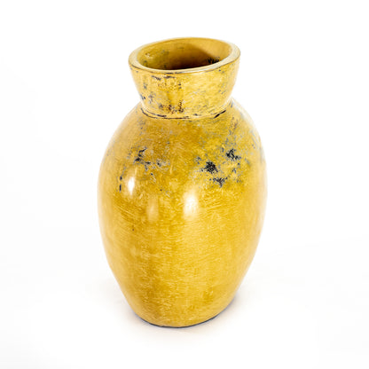 A yellow ceramic decorative vase with a rounded shape, part of a 3-piece set.