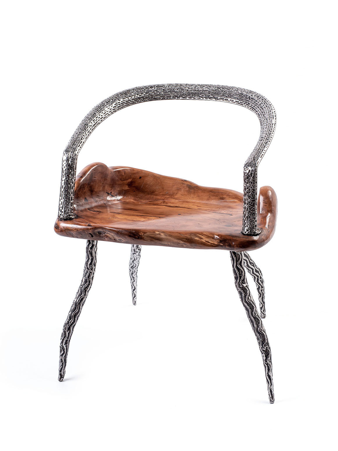 An artistically designed dining chair with a glossy finish on a white background. The chair features a teak wood seat and stainless steel legs with a relief longitudinal structure.