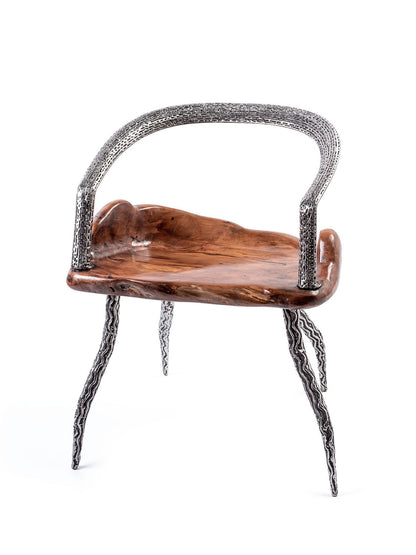 An artistically designed dining chair with a glossy finish on a white background. The chair features a teak wood seat and stainless steel legs with a relief longitudinal structure.