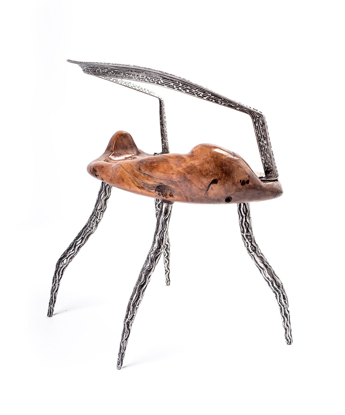 An artistically designed dining chair with a glossy finish on a white background. The chair features a teak wood seat and stainless steel legs with a relief longitudinal structure. Beck-side view. 