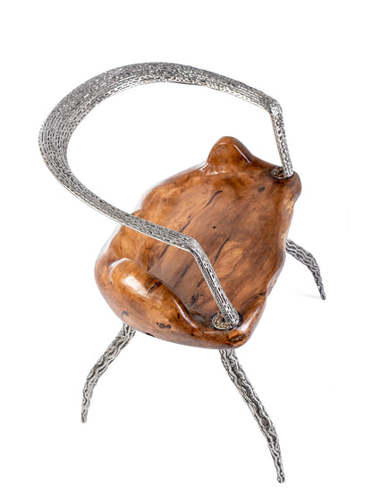 An artistically designed dining chair with a glossy finish on a white background. The chair features a teak wood seat and stainless steel legs with a relief longitudinal structure. Top view. 