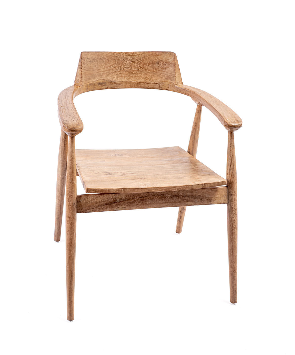 A dining chair made of teak wood with a natural color, featuring a full backrest and seat, with visible grain and imperfections.