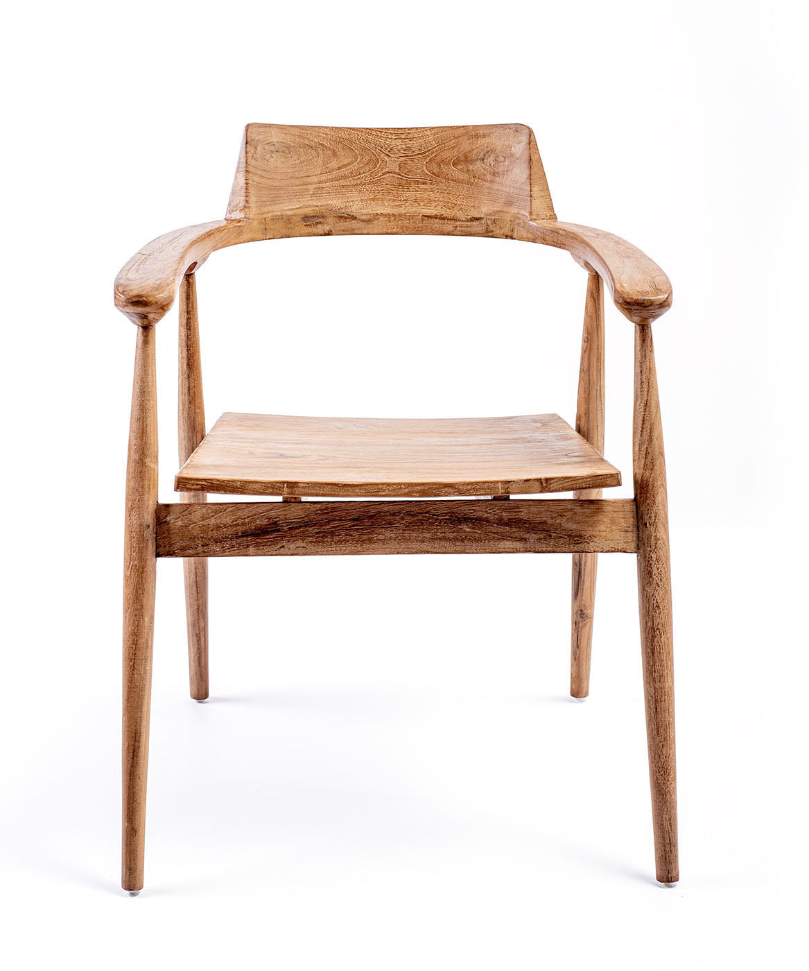 A dining chair made of teak wood with a natural color, featuring a full backrest and seat, with visible grain and imperfections.