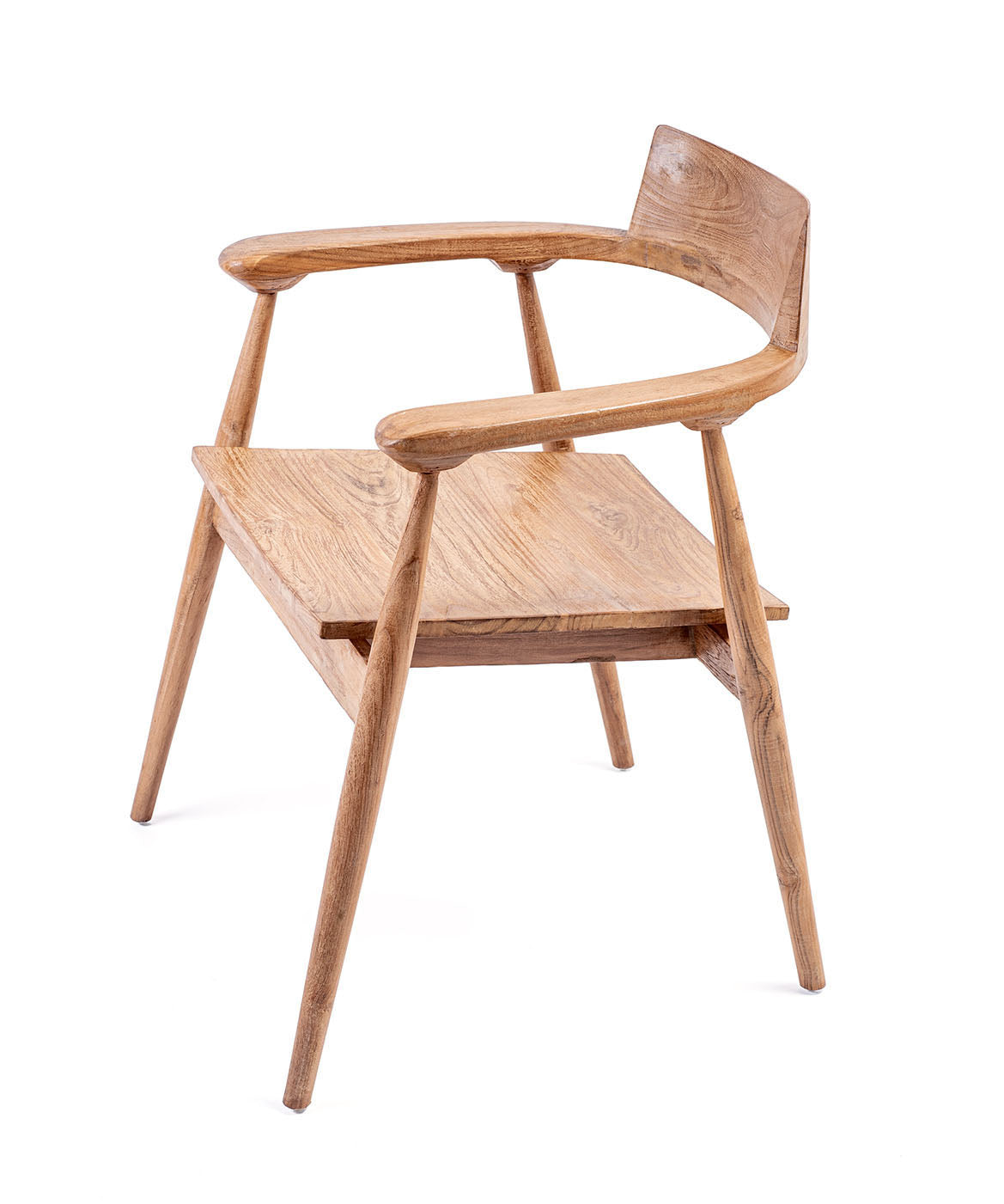 A dining chair made of teak wood with a natural color, featuring a full backrest and seat, with visible grain and imperfections.