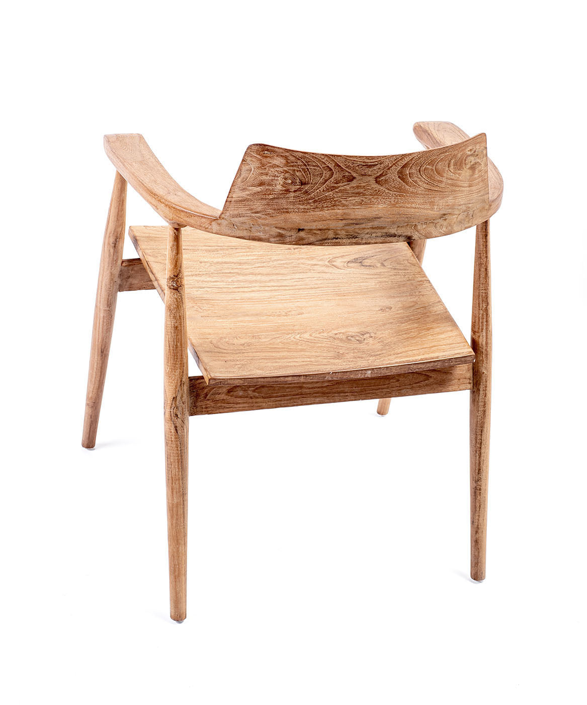 A dining chair made of teak wood with a natural color, featuring a full backrest and seat, with visible grain and imperfections.