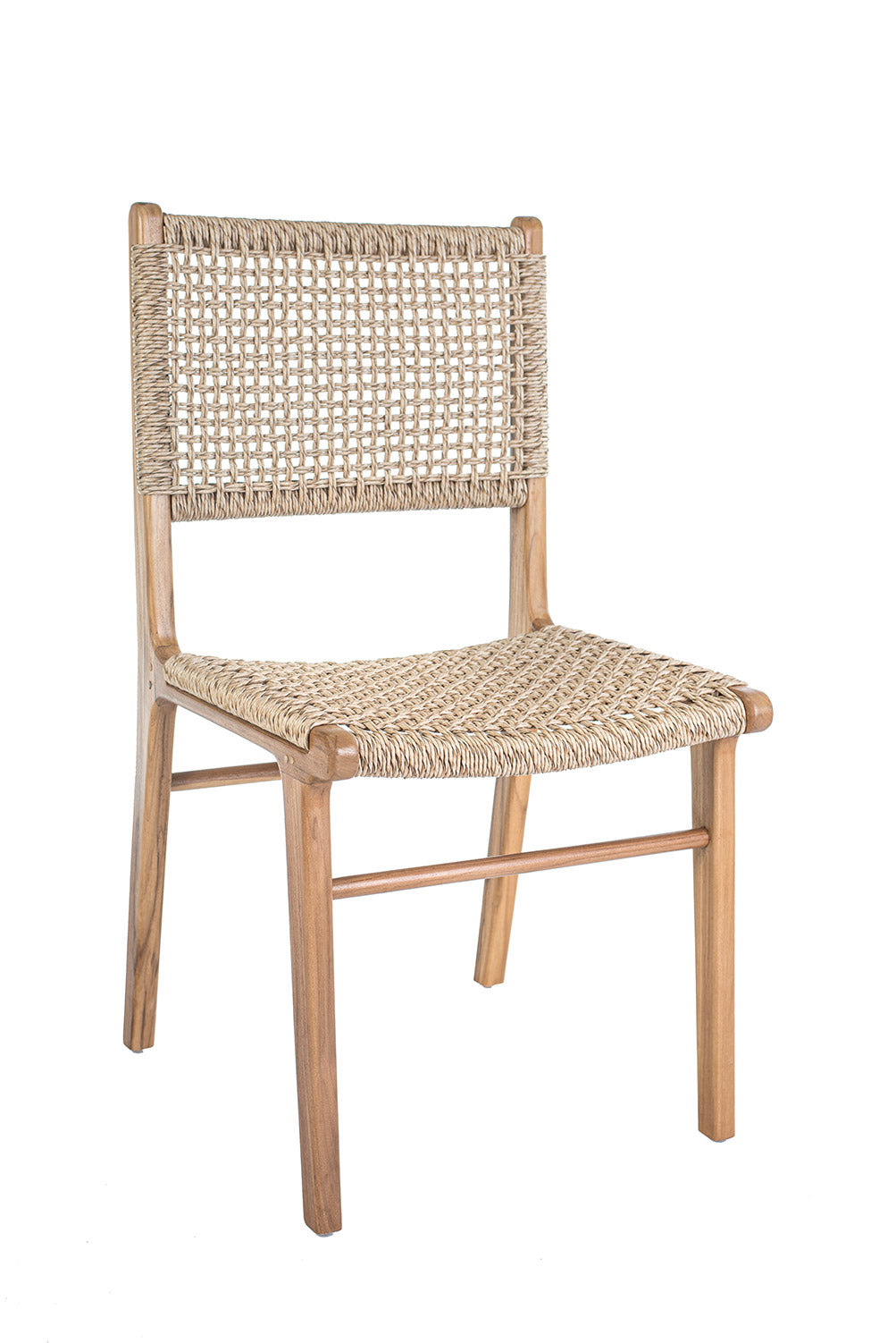A beige dining chair with a seat and backrest made of woven rope, and a frame made of polished teak wood.