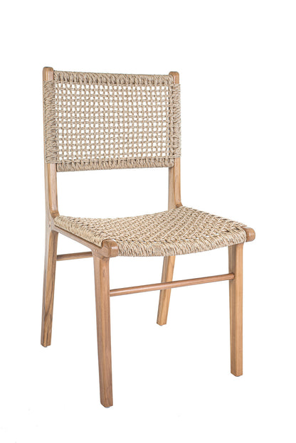 A beige dining chair with a seat and backrest made of woven rope, and a frame made of polished teak wood.