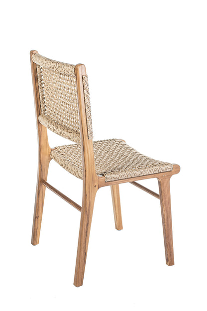 A beige dining chair with a seat and backrest made of woven rope, and a frame made of polished teak wood.