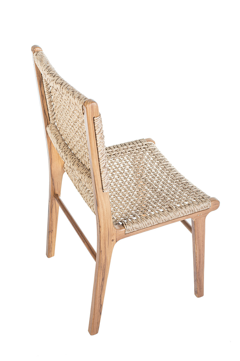 A beige dining chair with a seat and backrest made of woven rope, and a frame made of polished teak wood.