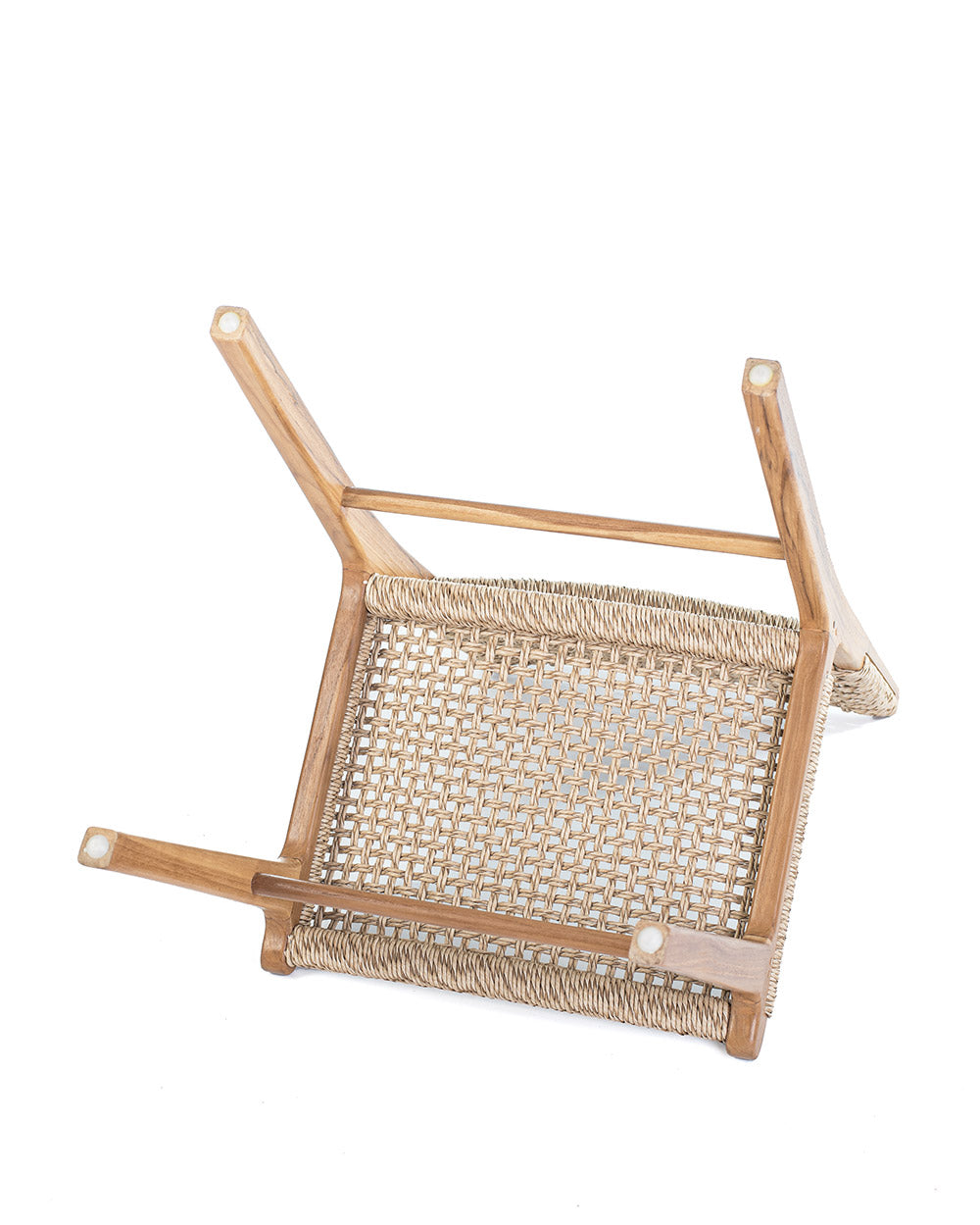 A beige dining chair with a seat and backrest made of woven rope, and a frame made of polished teak wood.