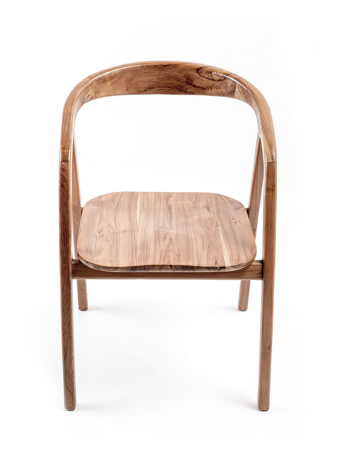 Elegant teak dining chair with a curved back and narrow legs, displayed against a white background.