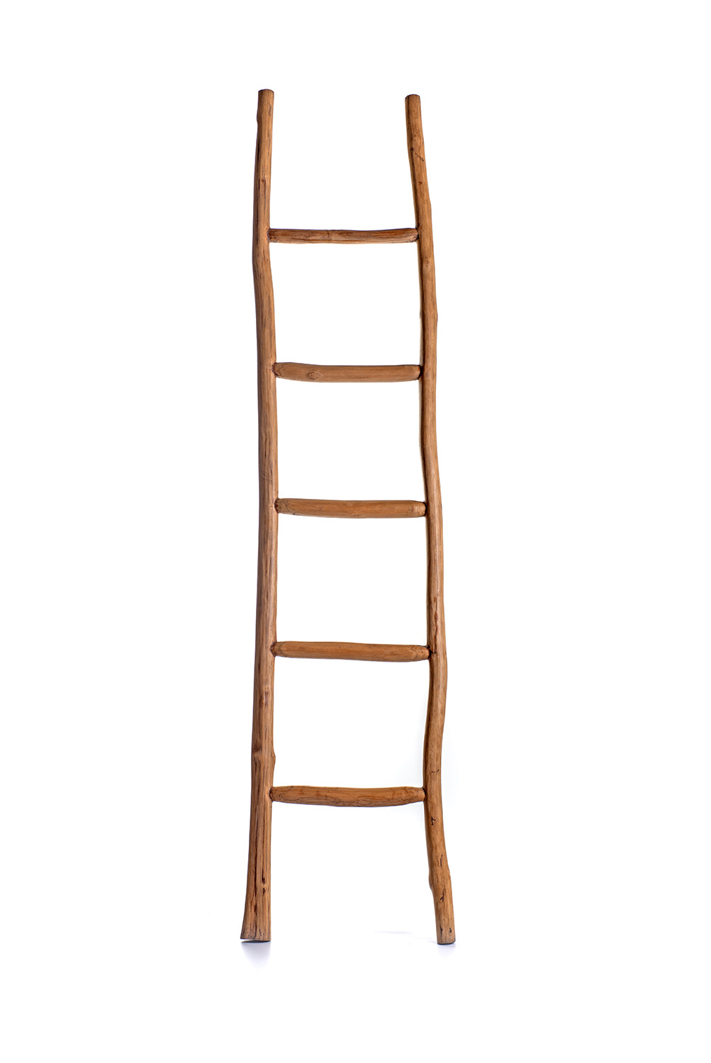 A hand made abstract teak wood ladder with natural color, featuring a variable width and a rustic appearance.