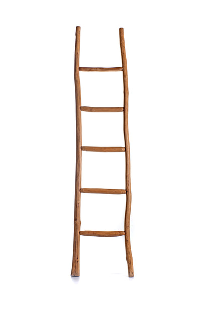 A hand made abstract teak wood ladder with natural color, featuring a variable width and a rustic appearance.