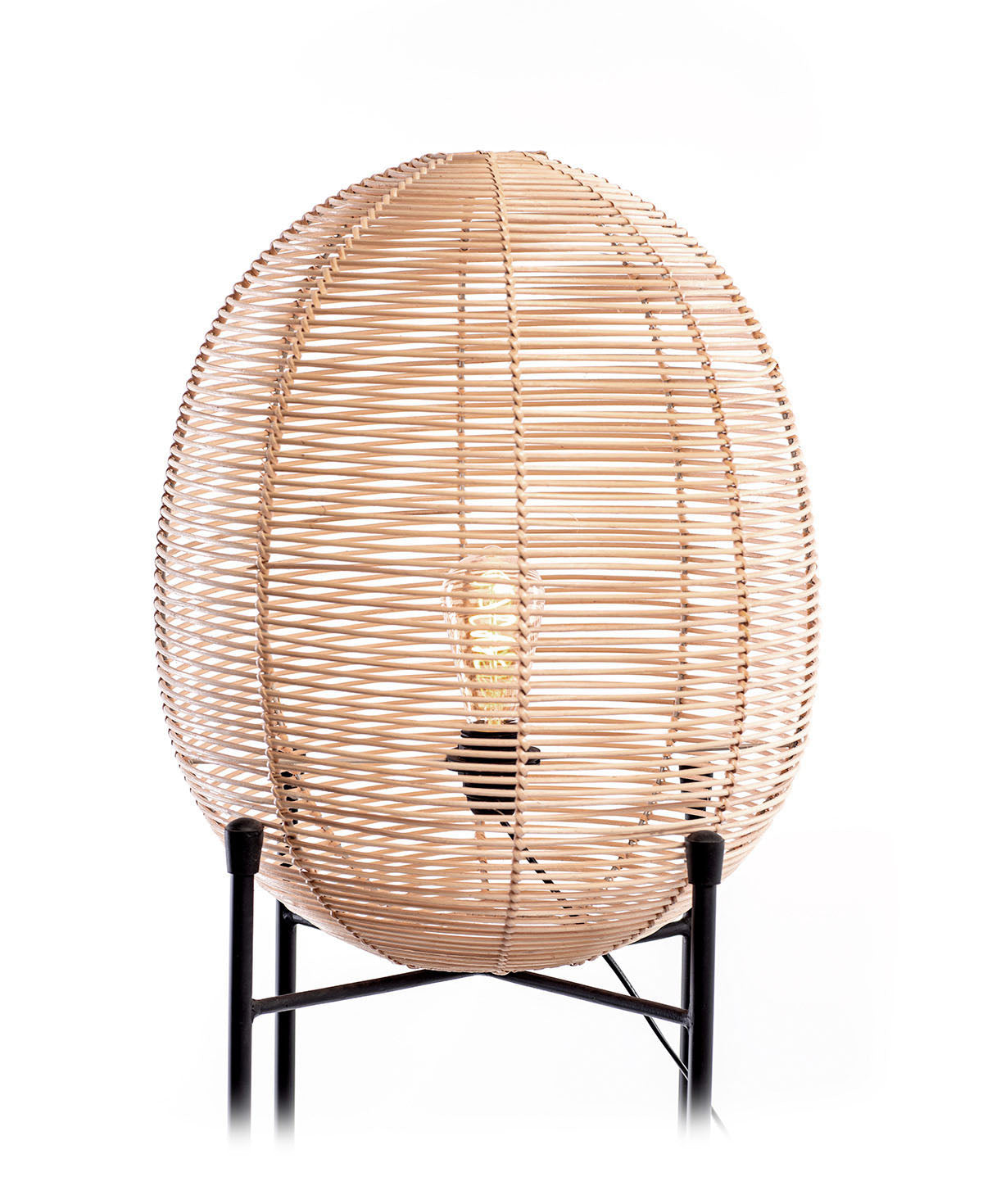 A tool floor lamp with a black metal frame and rattan shade.