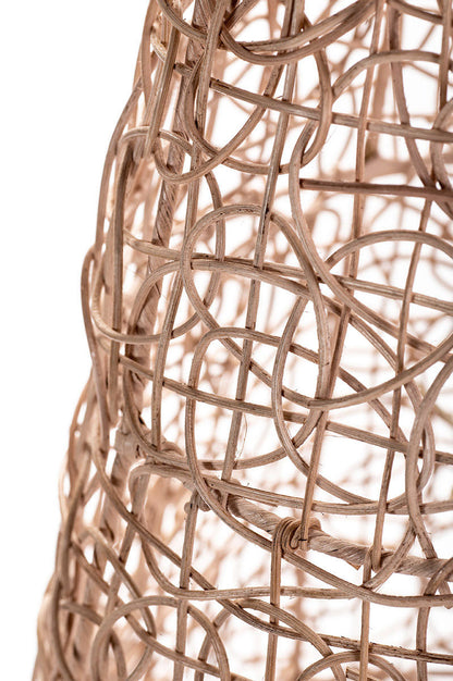 A tall natural color rattan floor lamp with a tapered design, complete with a base and a cable, against a white background.