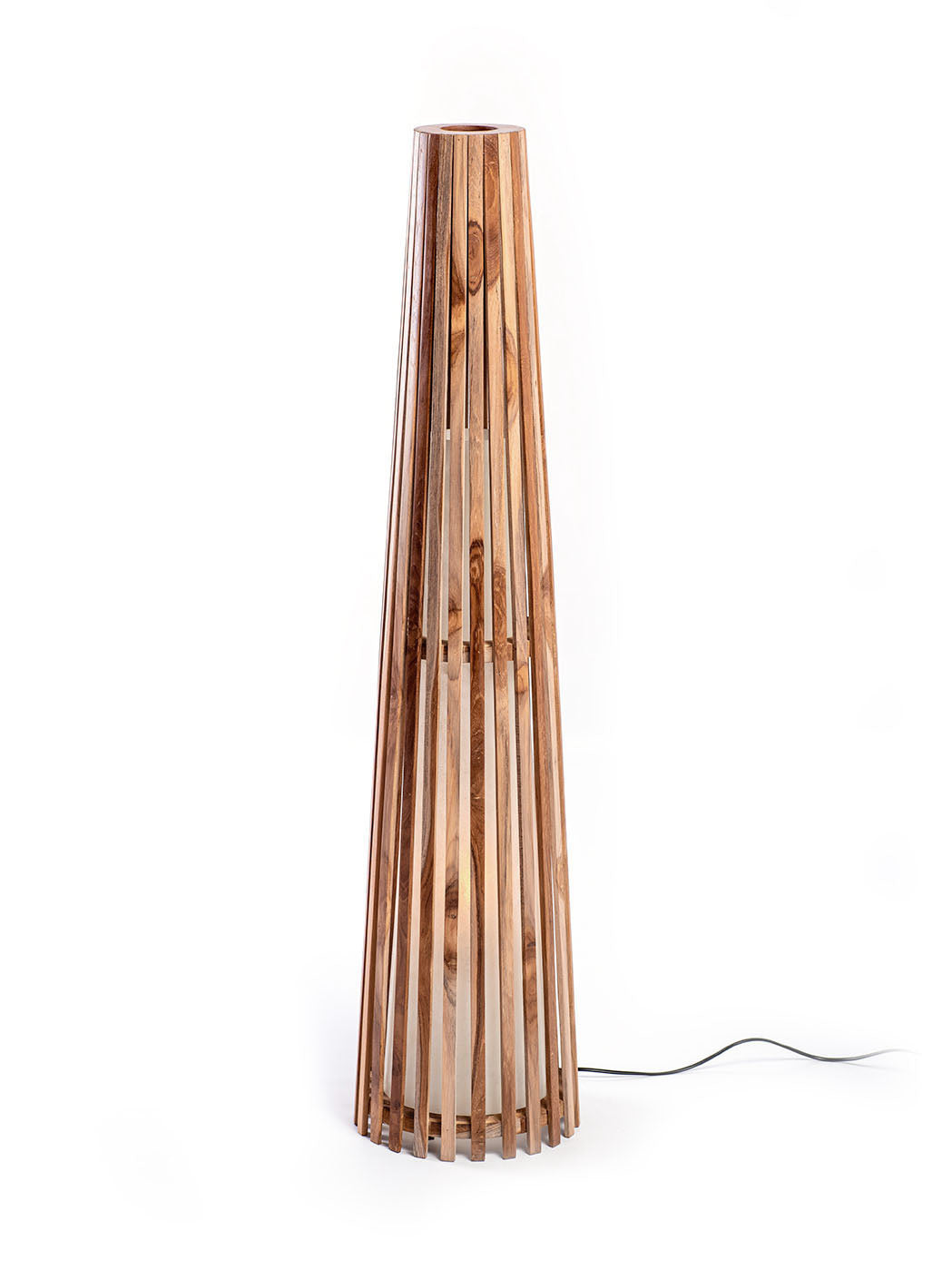 A teak wood floor lamp with a smooth glossy finish, featuring a slender base and a conical shape.