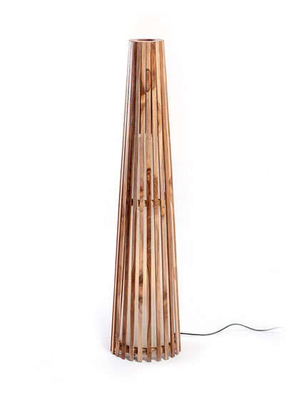 A teak wood floor lamp with a smooth glossy finish, featuring a slender base and a conical shape.