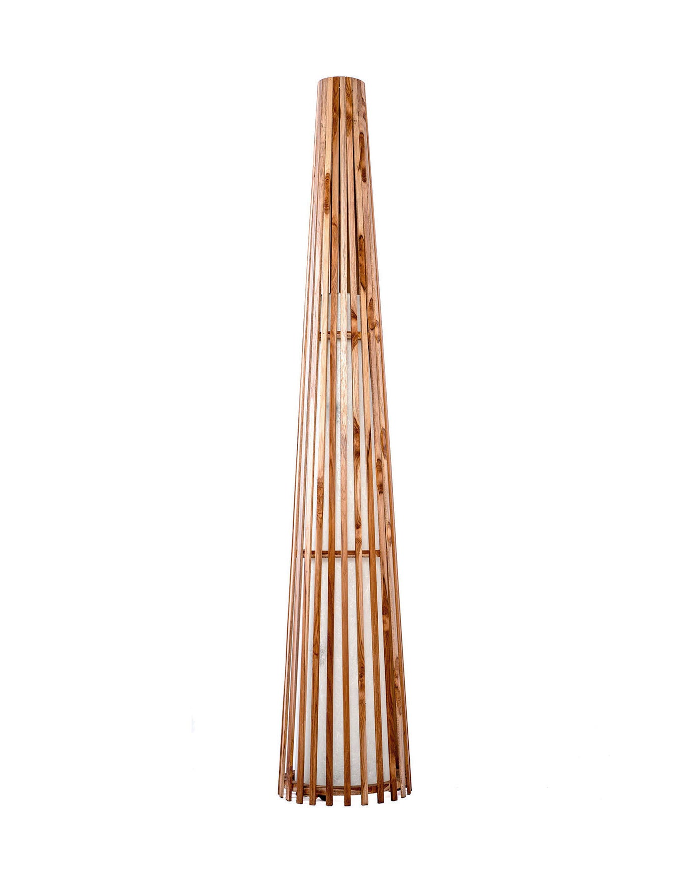 A tall teak wood floor lamp with a smooth glossy finish, conical shape, and a natural wood color. 