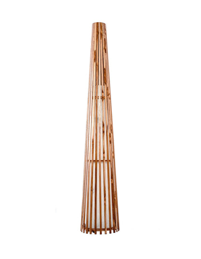 A tall teak wood floor lamp with a smooth glossy finish, conical shape, and a natural wood color. 
