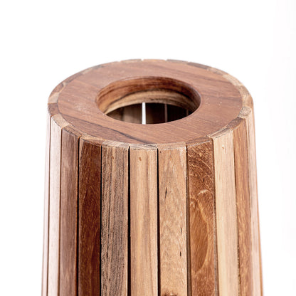 A tall teak wood floor lamp with a smooth glossy finish, conical shape, and a natural wood color. 