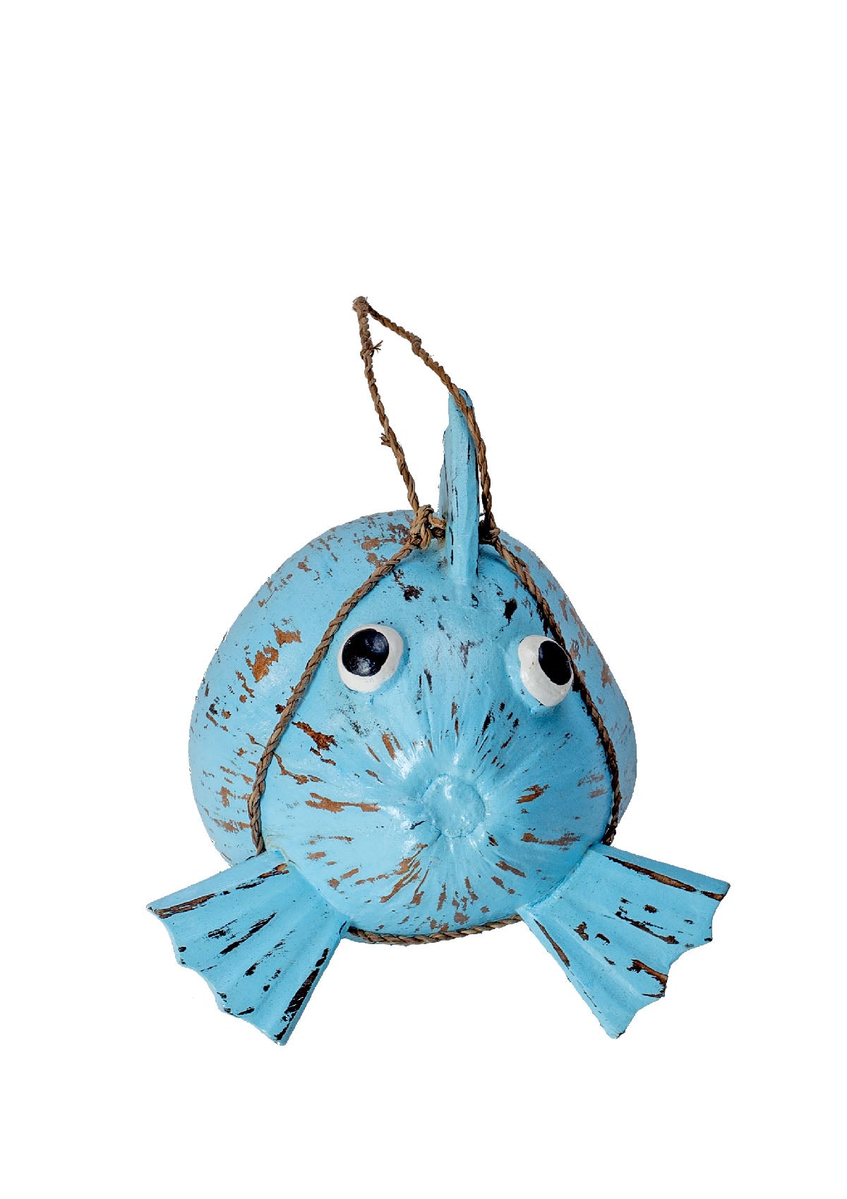 A hand-painted blue fish-shaped decoration made from coconut shell, suspended by a string.