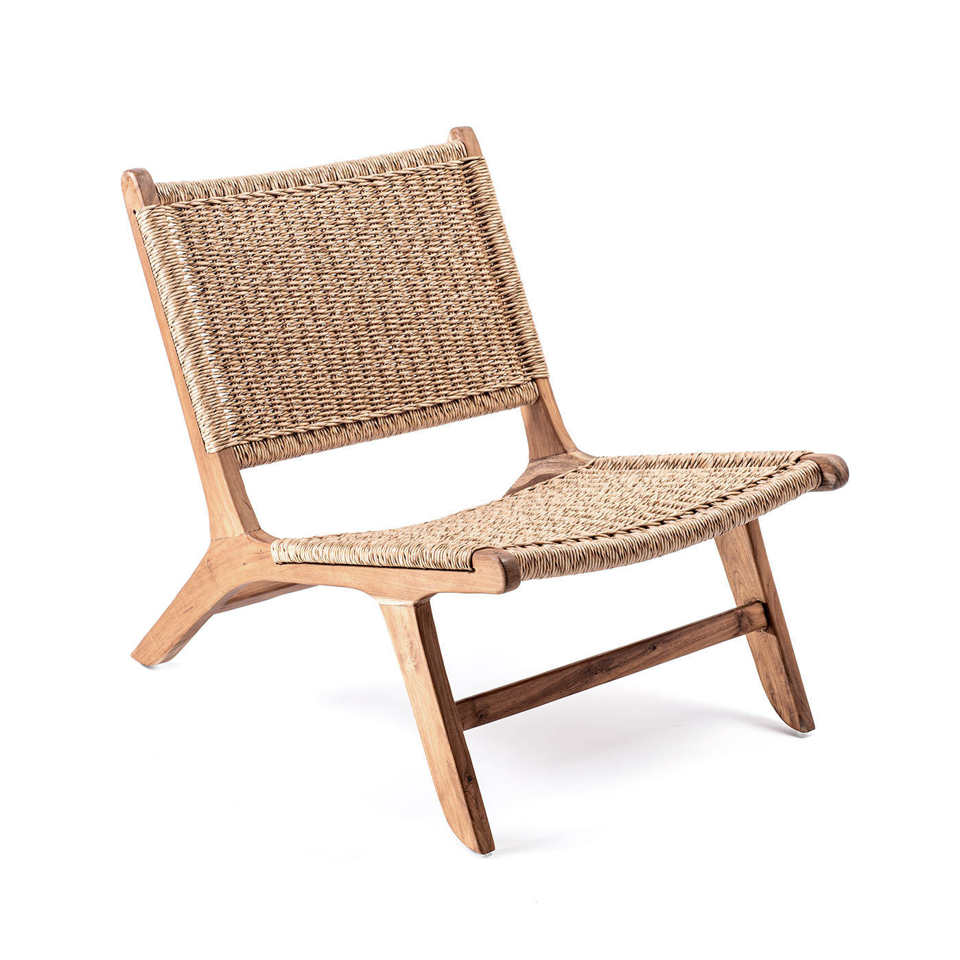 A lounge chair with a solid teak frame and twisted artificial rattan seat in a natural color.