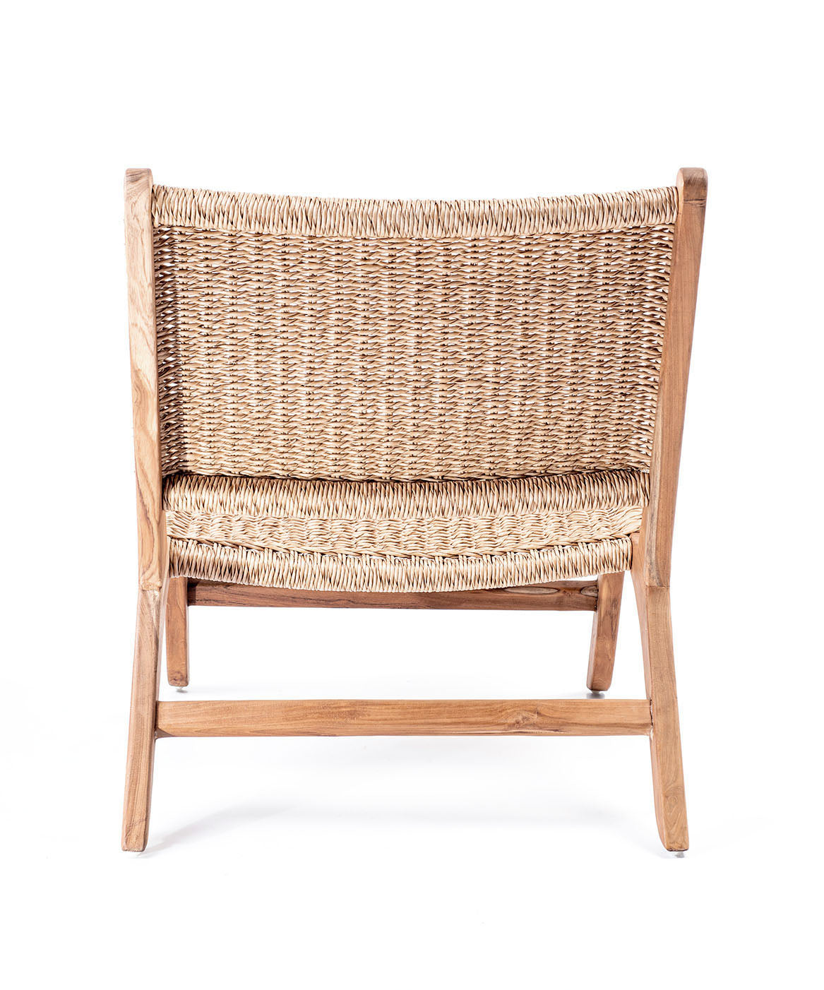 A lounge chair with a solid teak frame and twisted artificial rattan seat in a natural color, backside view. 
