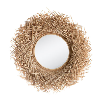 A round mirror with a natural rattan frame, handcrafted and featuring a woven design.