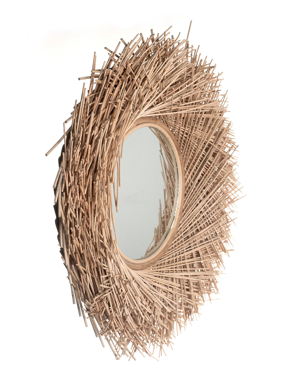 A round mirror with a natural rattan frame, handcrafted and featuring a woven design.