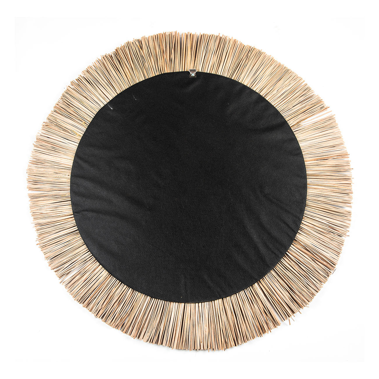 A round mirror with a natural seagrass frame, featuring a layered design with beige and white stripes.