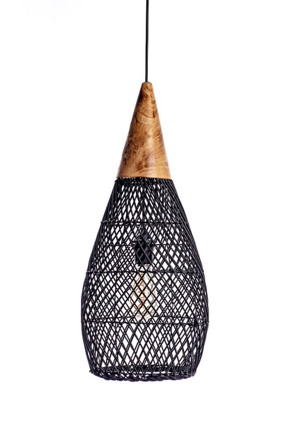 A black, conical pendant lampshade made of woven rattan with a wood tip, designed for hanging.