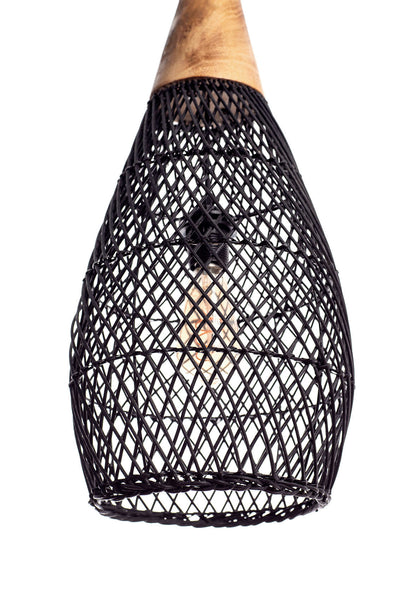 A black, conical pendant lampshade made of woven rattan with a wood tip, designed for hanging.
