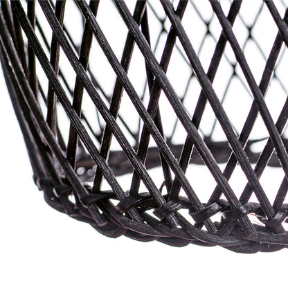 A black, conical pendant lampshade made of woven rattan with a wood tip, designed for hanging.