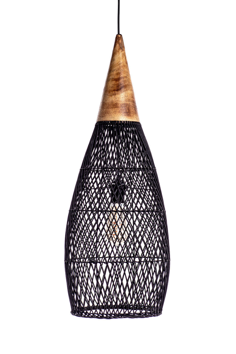 A black, conical pendant lampshade made of woven rattan with a wood tip, designed for hanging.