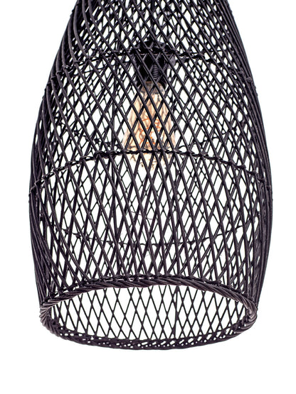 A black, conical pendant lampshade made of woven rattan with a wood tip, designed for hanging.
