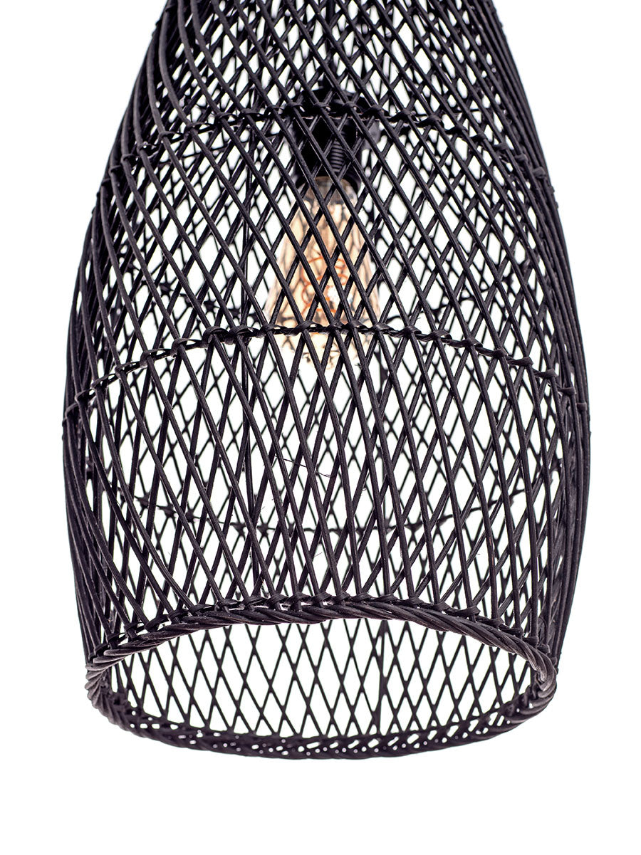 A black, conical pendant lampshade made of woven rattan with a wood tip, designed for hanging.