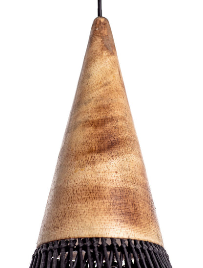 A black, conical pendant lampshade made of woven rattan with a wood tip, designed for hanging.