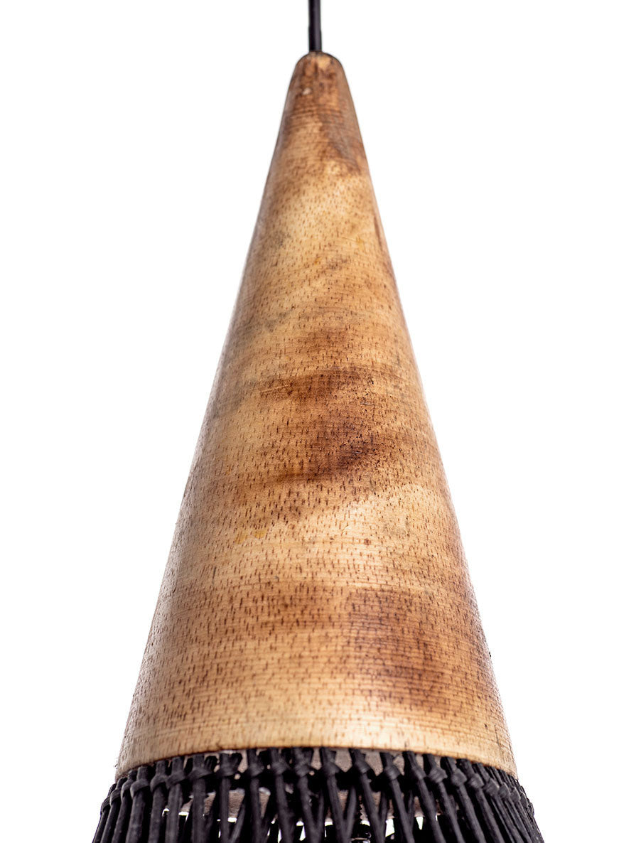 A black, conical pendant lampshade made of woven rattan with a wood tip, designed for hanging.