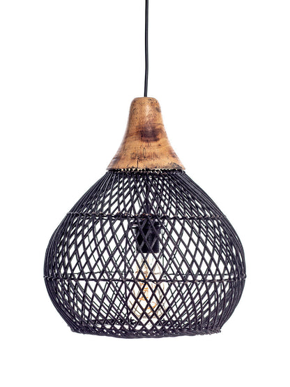 A black color rattan pendant lamp with a teardrop shape and a wooden top.