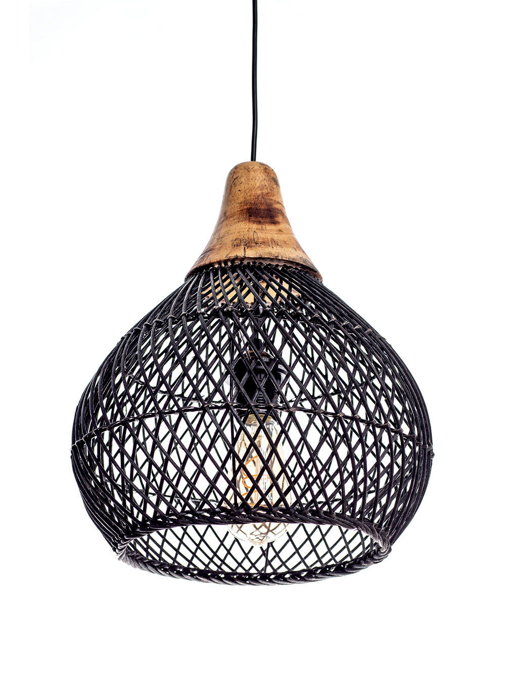 A black color rattan pendant lamp with a teardrop shape and a wooden top.
