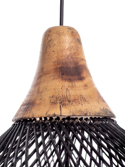 A black color rattan pendant lamp with a teardrop shape and a wooden top.
