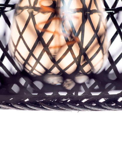 A black color rattan pendant lamp with a teardrop shape and a wooden top.