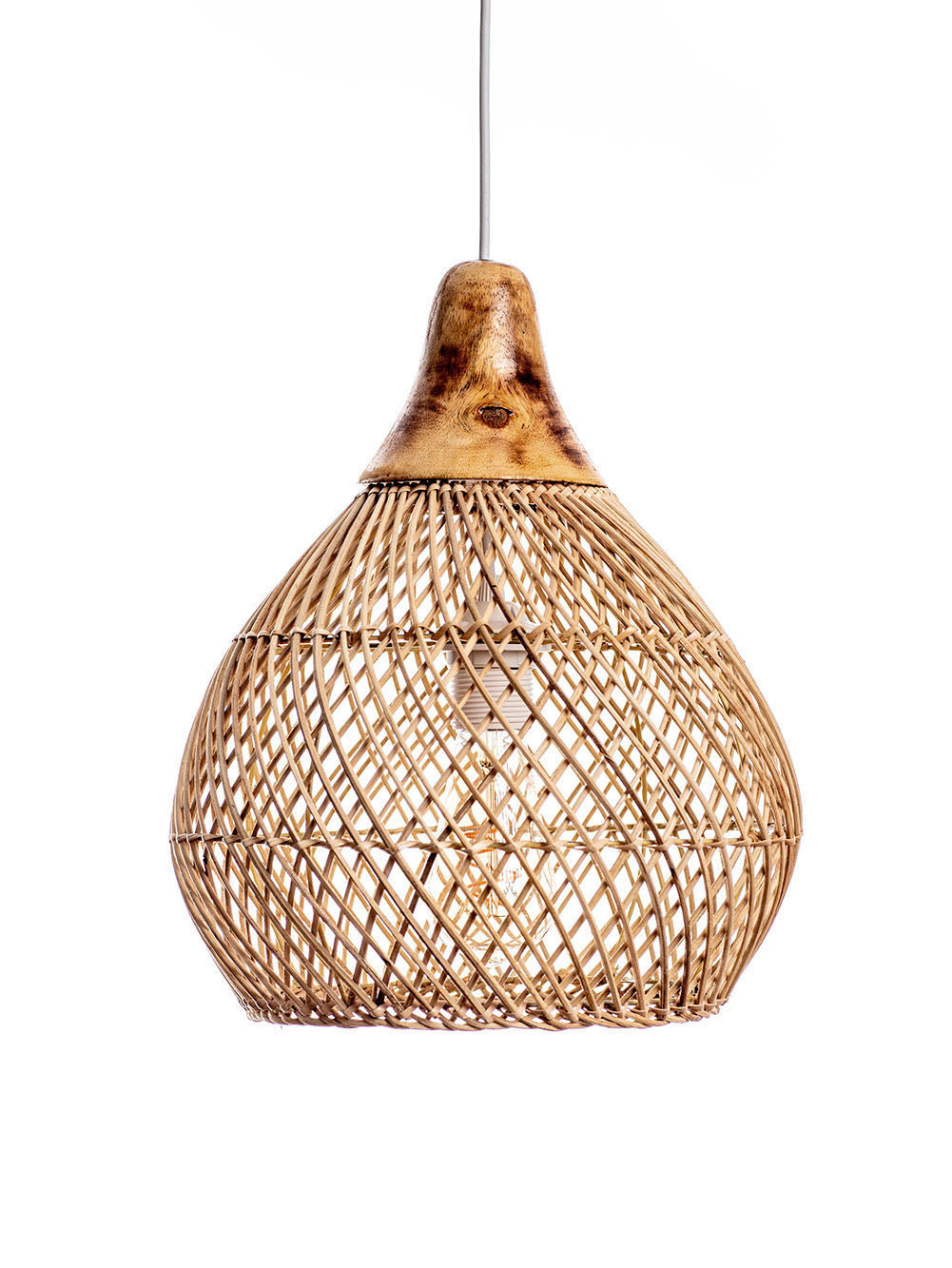 A natural color rattan pendant lamp with a teardrop shape and a wooden top.