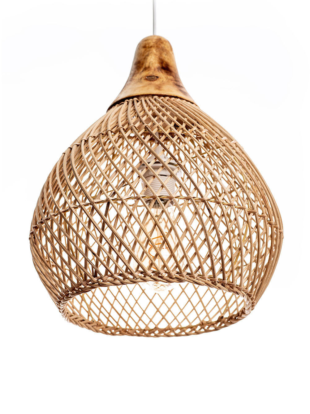 A natural color rattan pendant lamp with a teardrop shape and a wooden top.