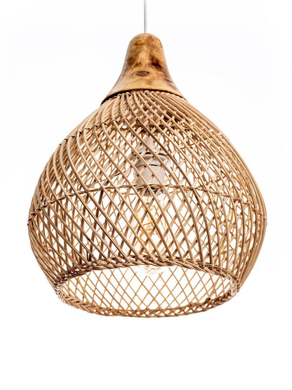 A natural color rattan pendant lamp with a teardrop shape and a wooden top.