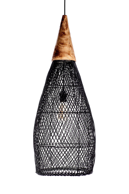 A black, conical pendant lampshade made of woven rattan with a wood tip, designed for hanging.