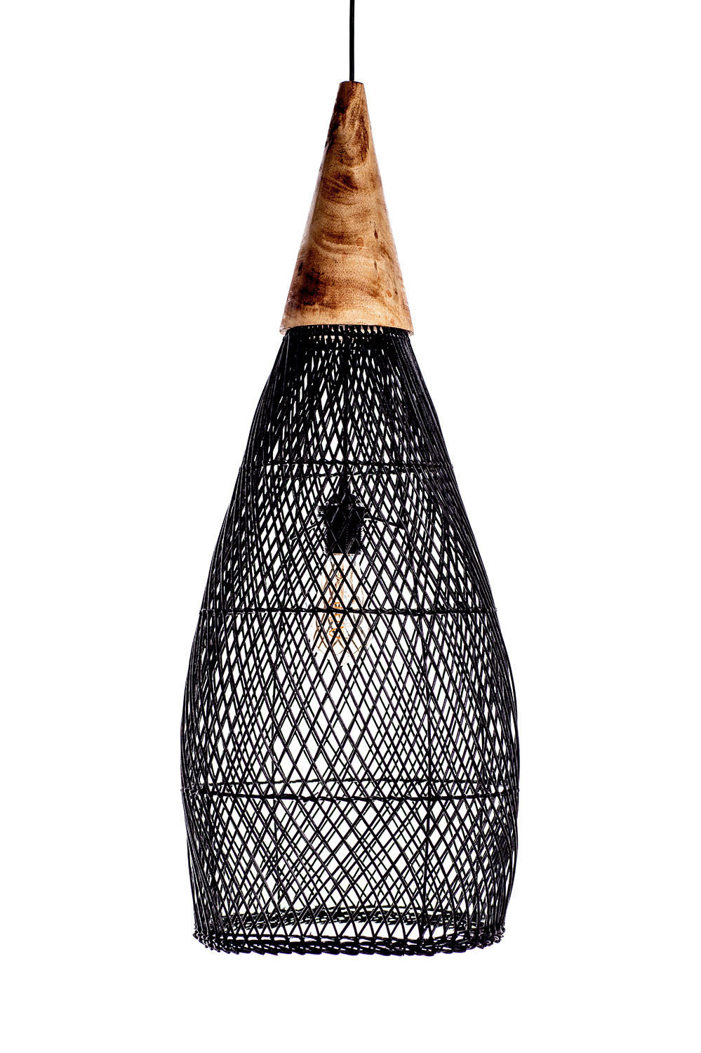 A black, conical pendant lampshade made of woven rattan with a wood tip, designed for hanging.