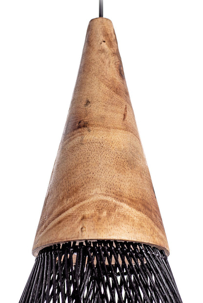 A black, conical pendant lampshade made of woven rattan with a wood tip, designed for hanging.