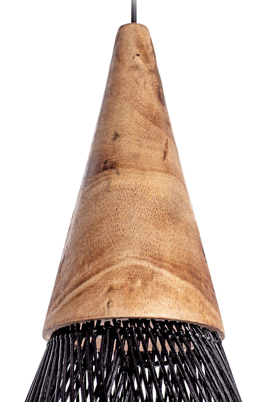 A black, conical pendant lampshade made of woven rattan with a wood tip, designed for hanging.