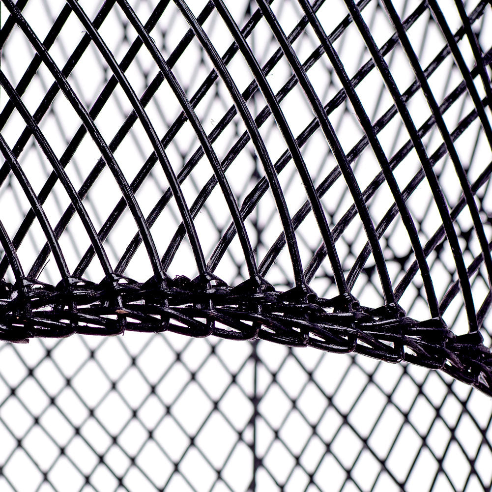 A black, conical pendant lampshade made of woven rattan with a wood tip, designed for hanging.